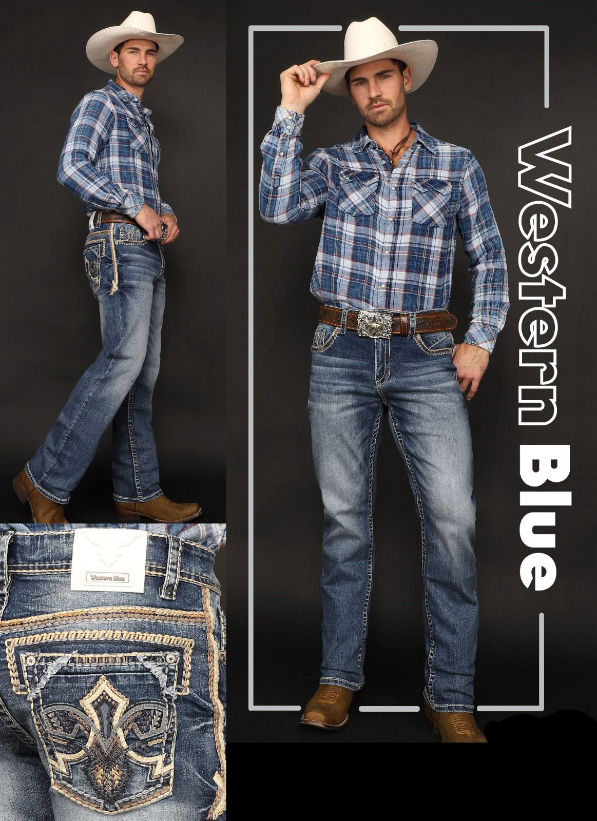 Western Blue Medium Wash Embroidered Slim Straight Jean