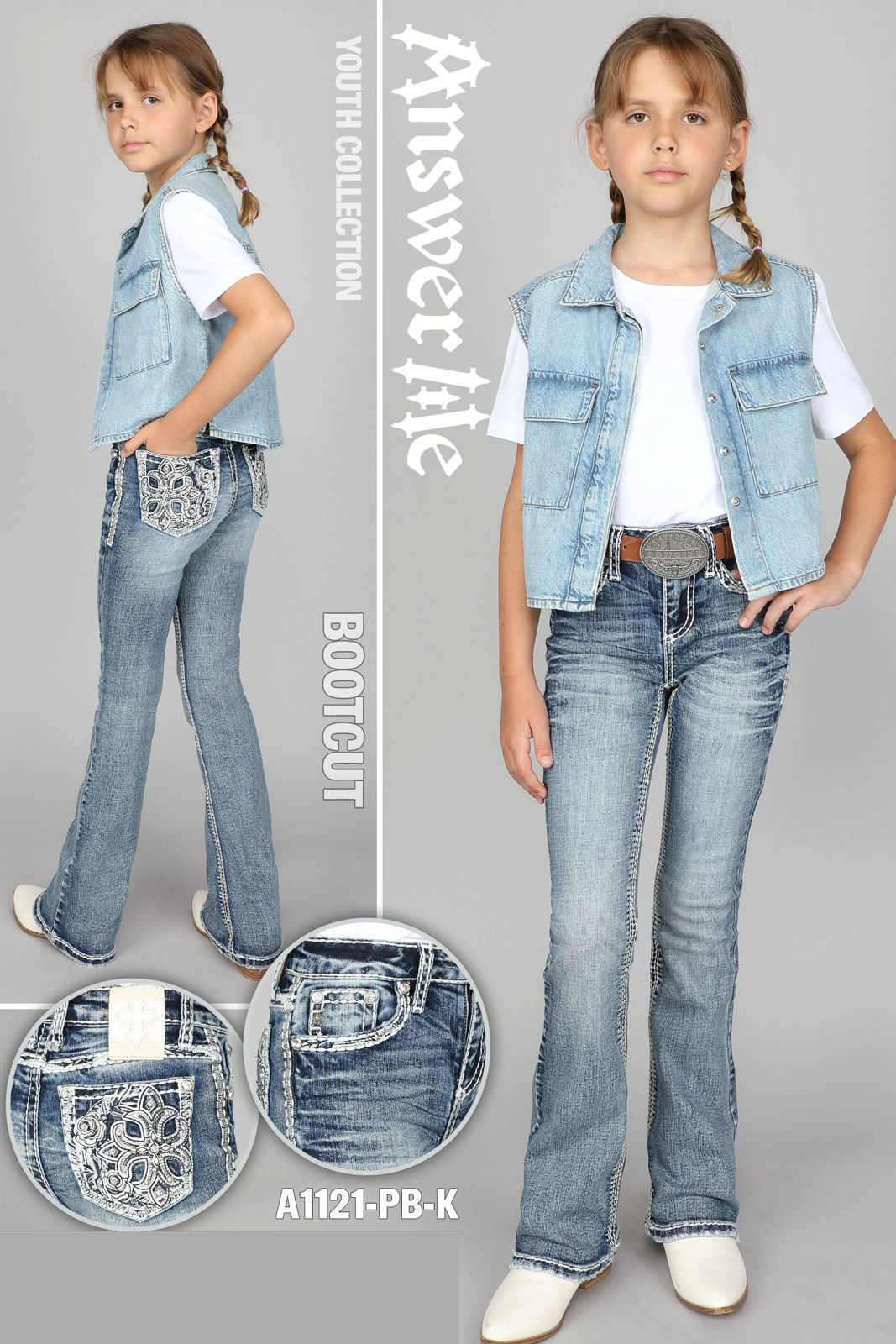 Answer Me Girls' Light Wash Rhinestone Boot Cut Jeans