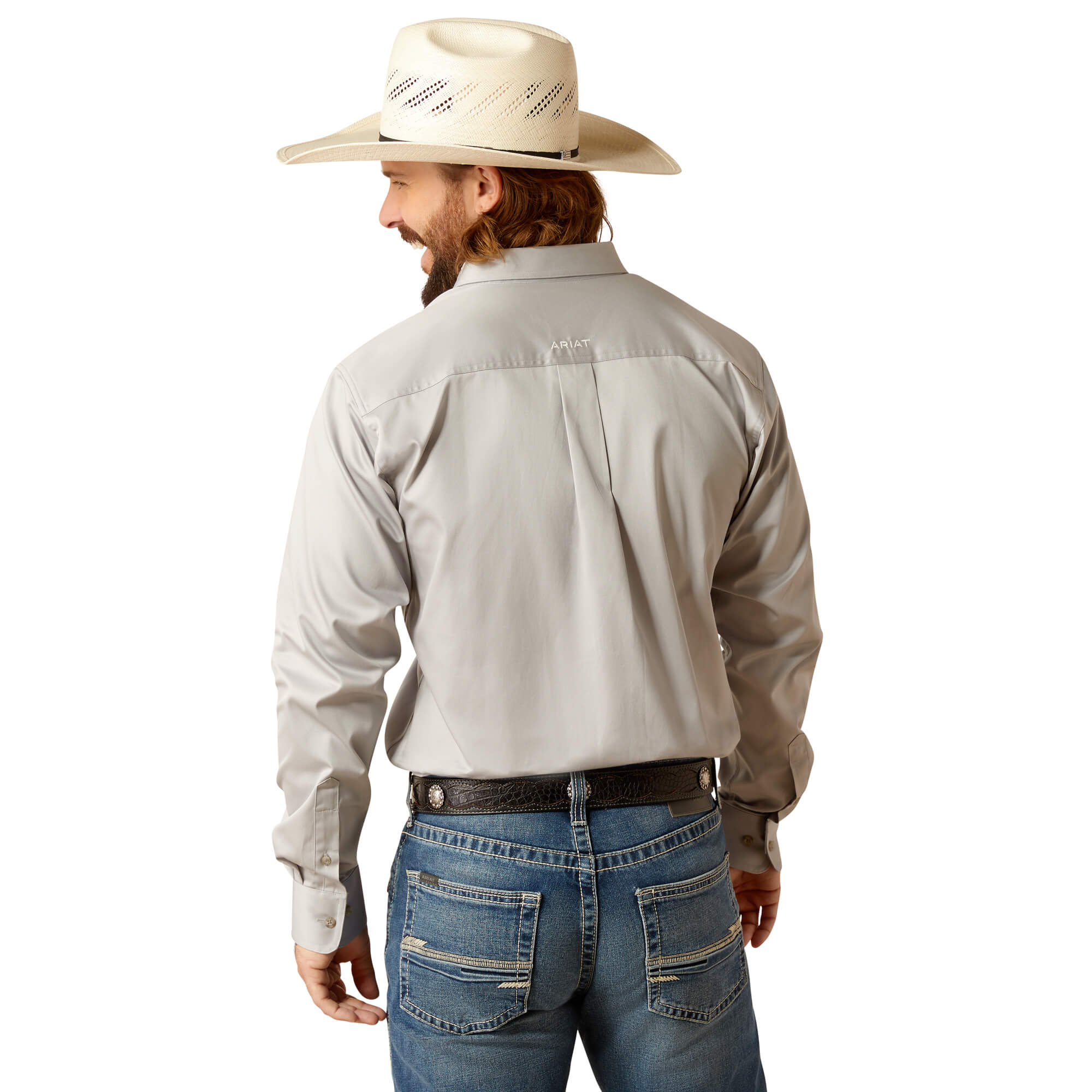 Ariat Light Grey Team Logo Twill Fitted Long Sleeve Shirt