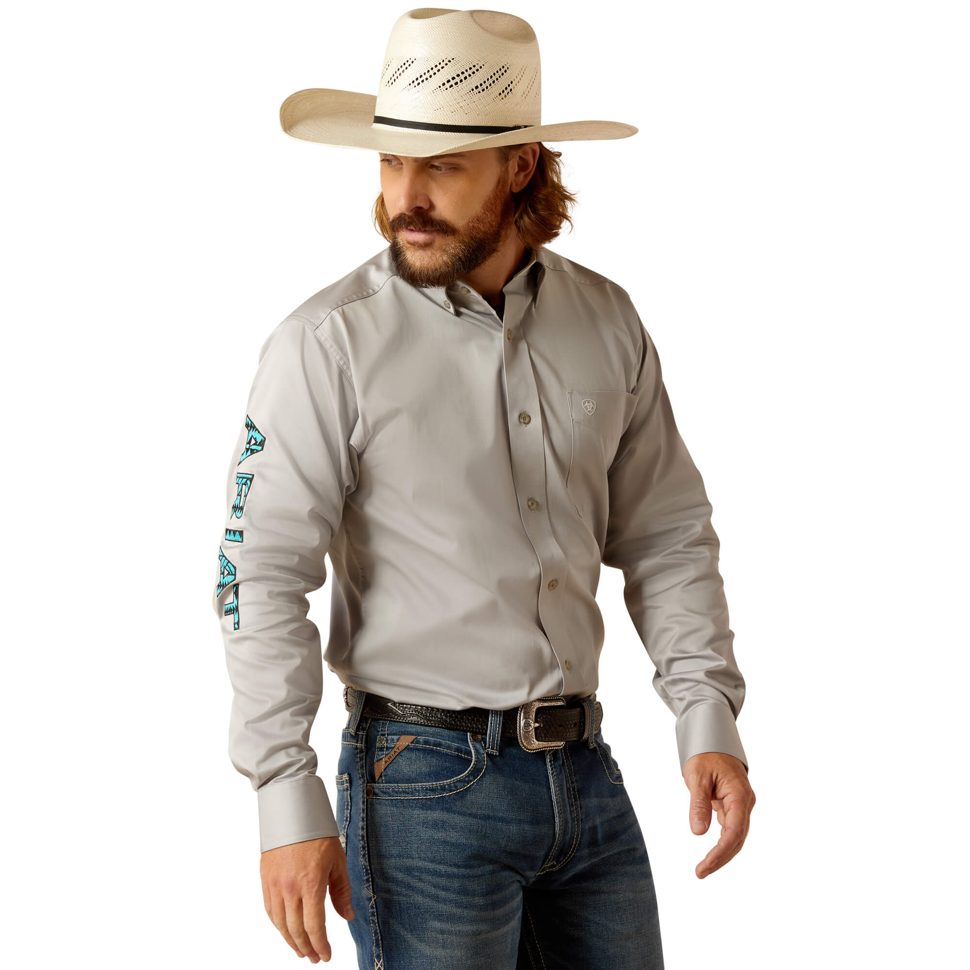 Ariat Light Grey Team Logo Twill Fitted Long Sleeve Shirt