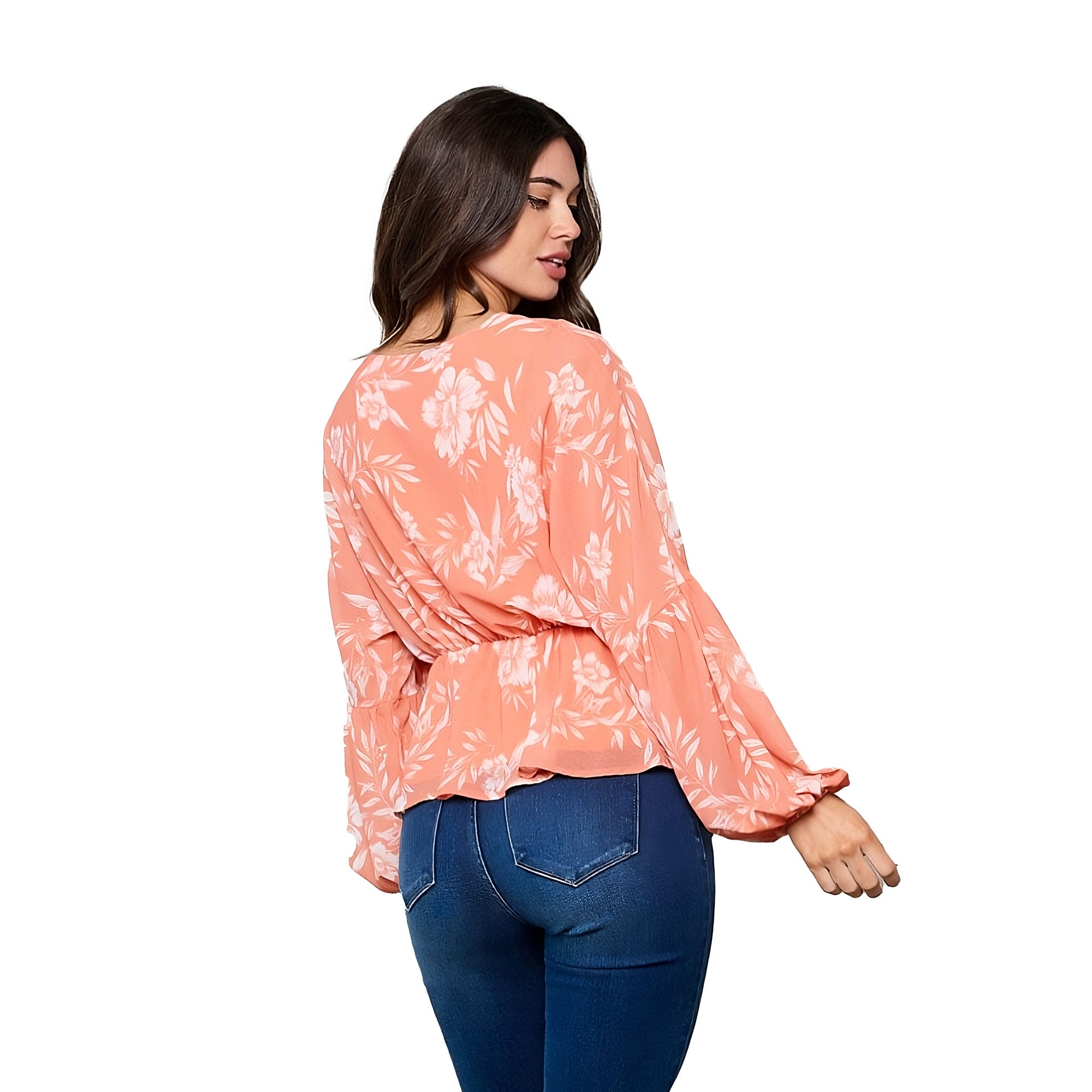 Peach Love Long Puff Sleeve Front Twist Floral Top