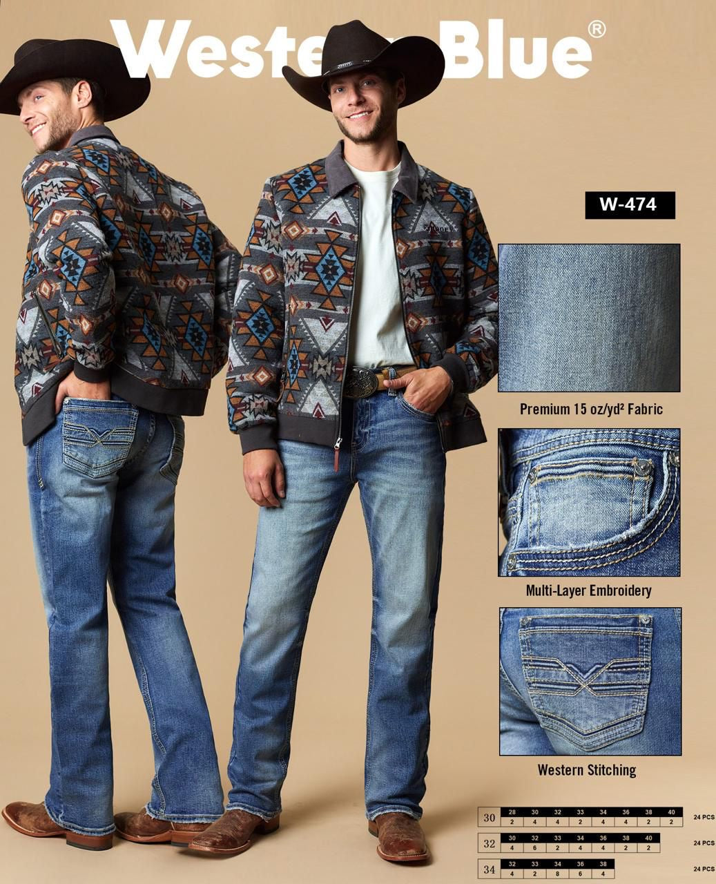 Western Blue Medium Wash Straight Western Stitched Jean