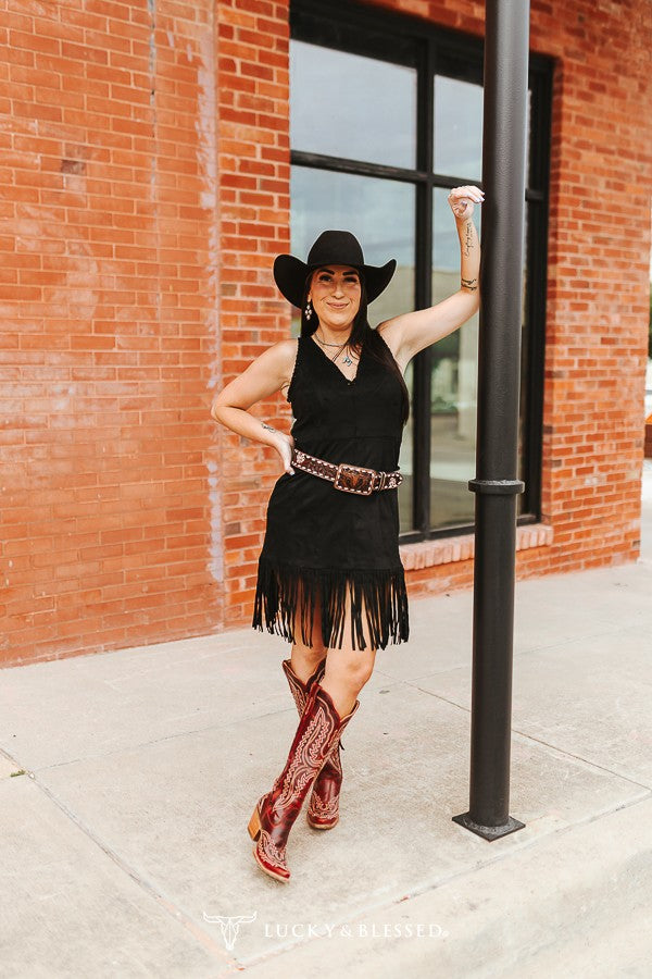 Lucky & Blessed Black Buckstitch Stretch Suede Dress