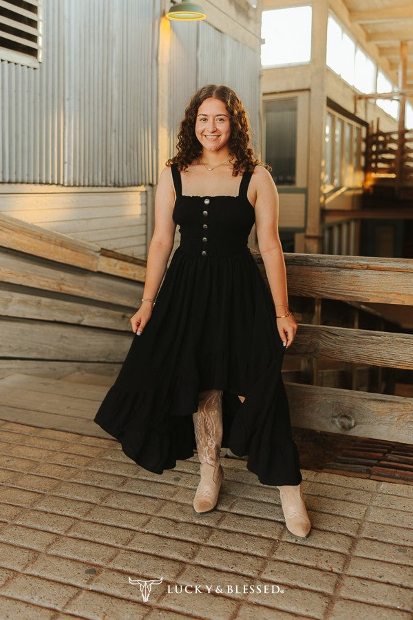 Lucky & Blessed Black Hi Low Ruffle Western Concho Dress