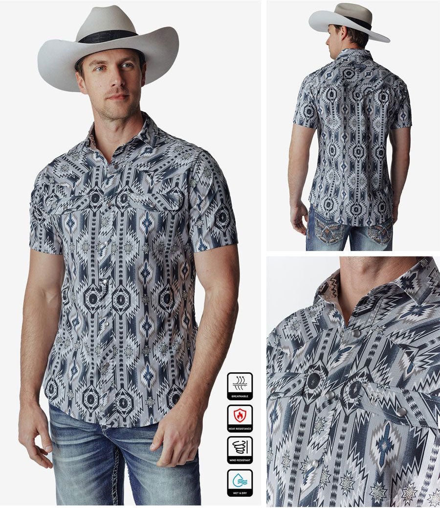 Western Blue Slim Fit Southwestern Grey Short Sleeve Shirt