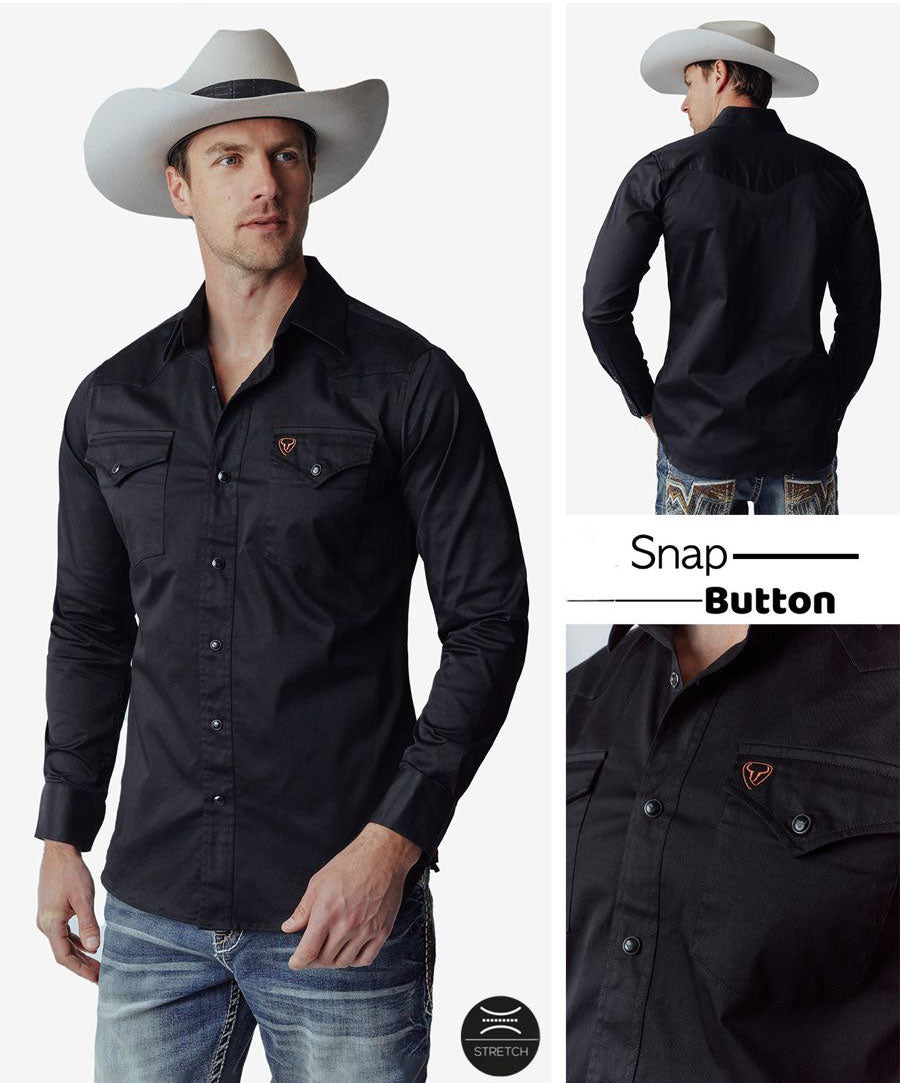 Western Blue Slim Fit Snap Button Black Long Sleeve Shirt