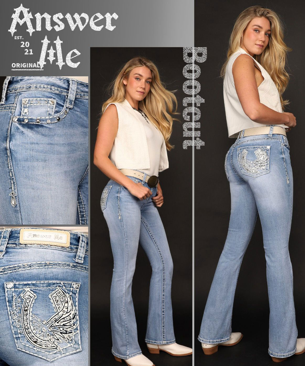 Answer Me Light Blue Rhinestone Pocket Boot Cut Jeans