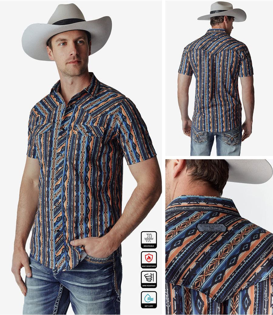 Western Blue Slim Fit Southwestern Blue Short Sleeve Shirt