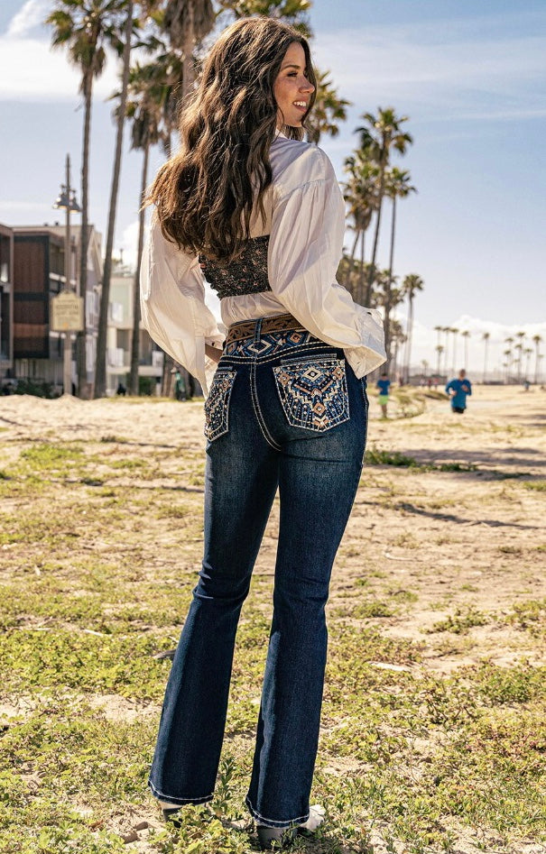 Sexy Couture Dark Blue Rhinestone Pocket Boot Cut Jeans