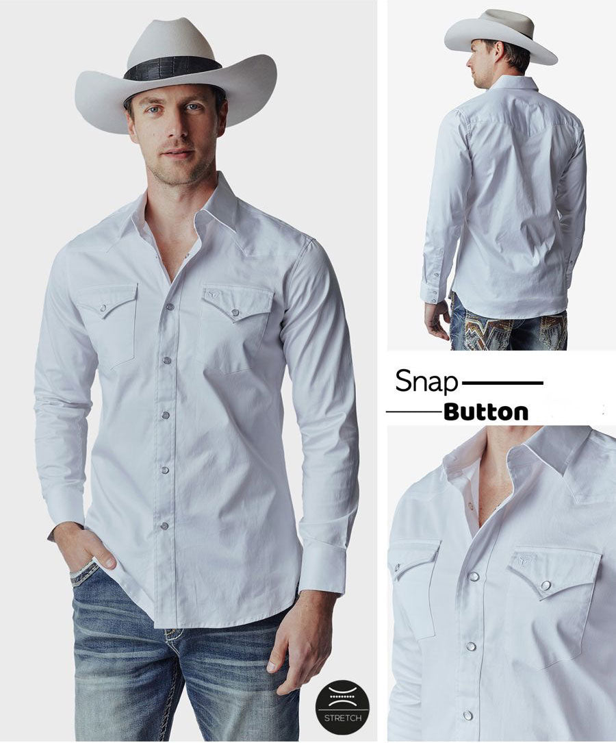Western Blue Slim Fit Snap Button White Long Sleeve Shirt