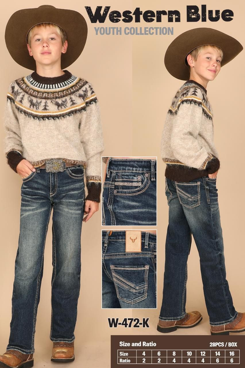 Western Blue Boy's Dark Wash Embroidered Premium Jean