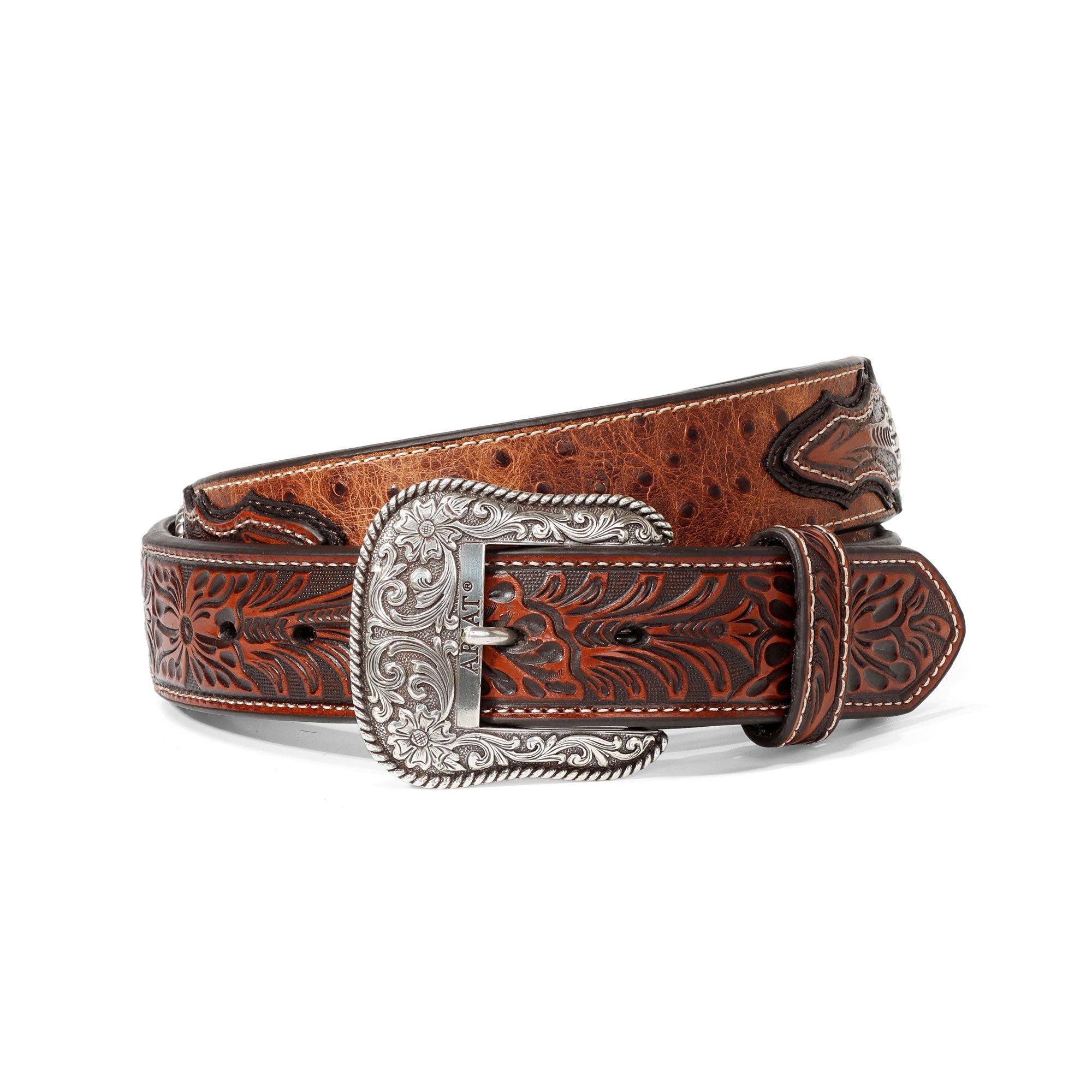 Ariat Brown Ostrich Print & Tooled Tabs Belt