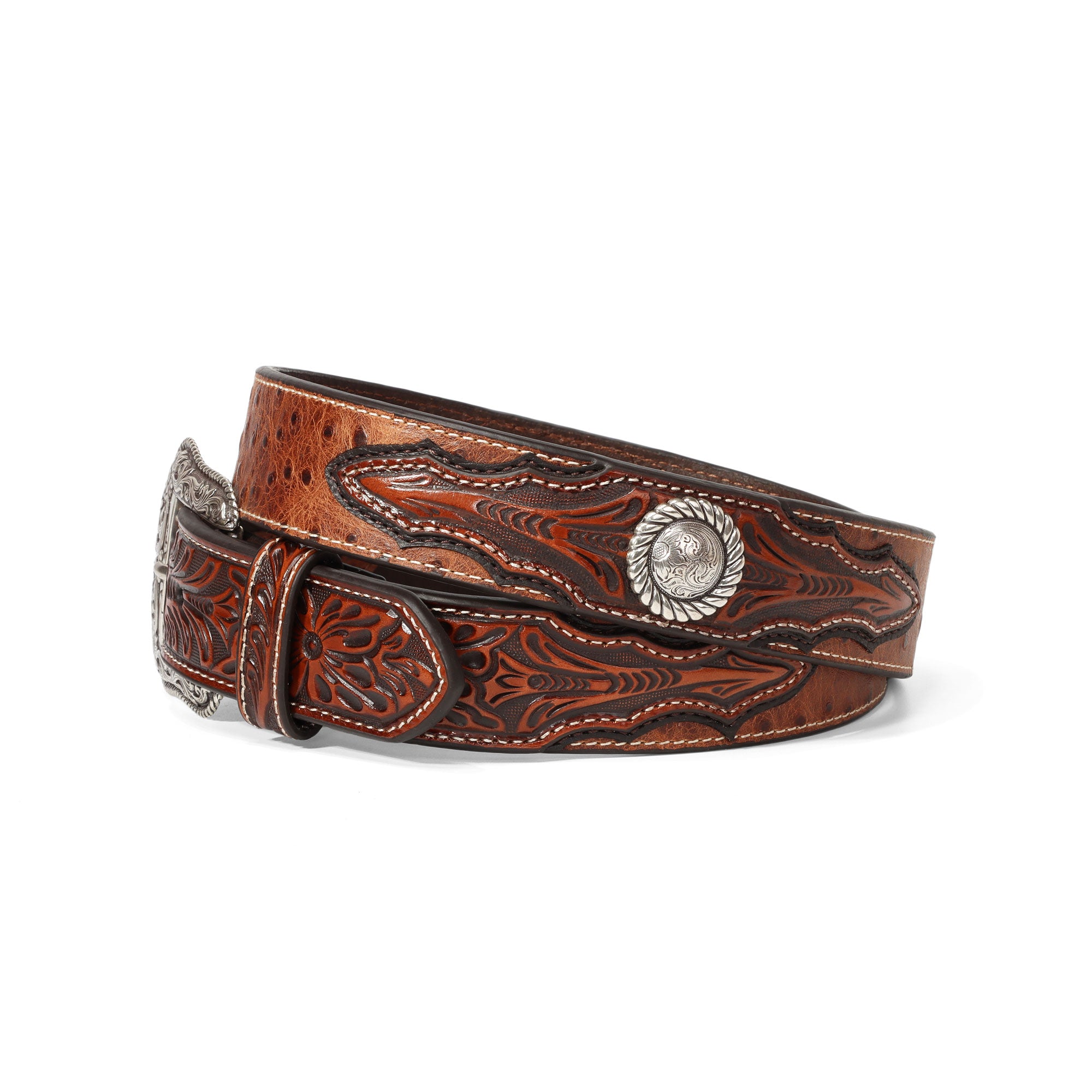 Ariat Brown Ostrich Print & Tooled Tabs Belt