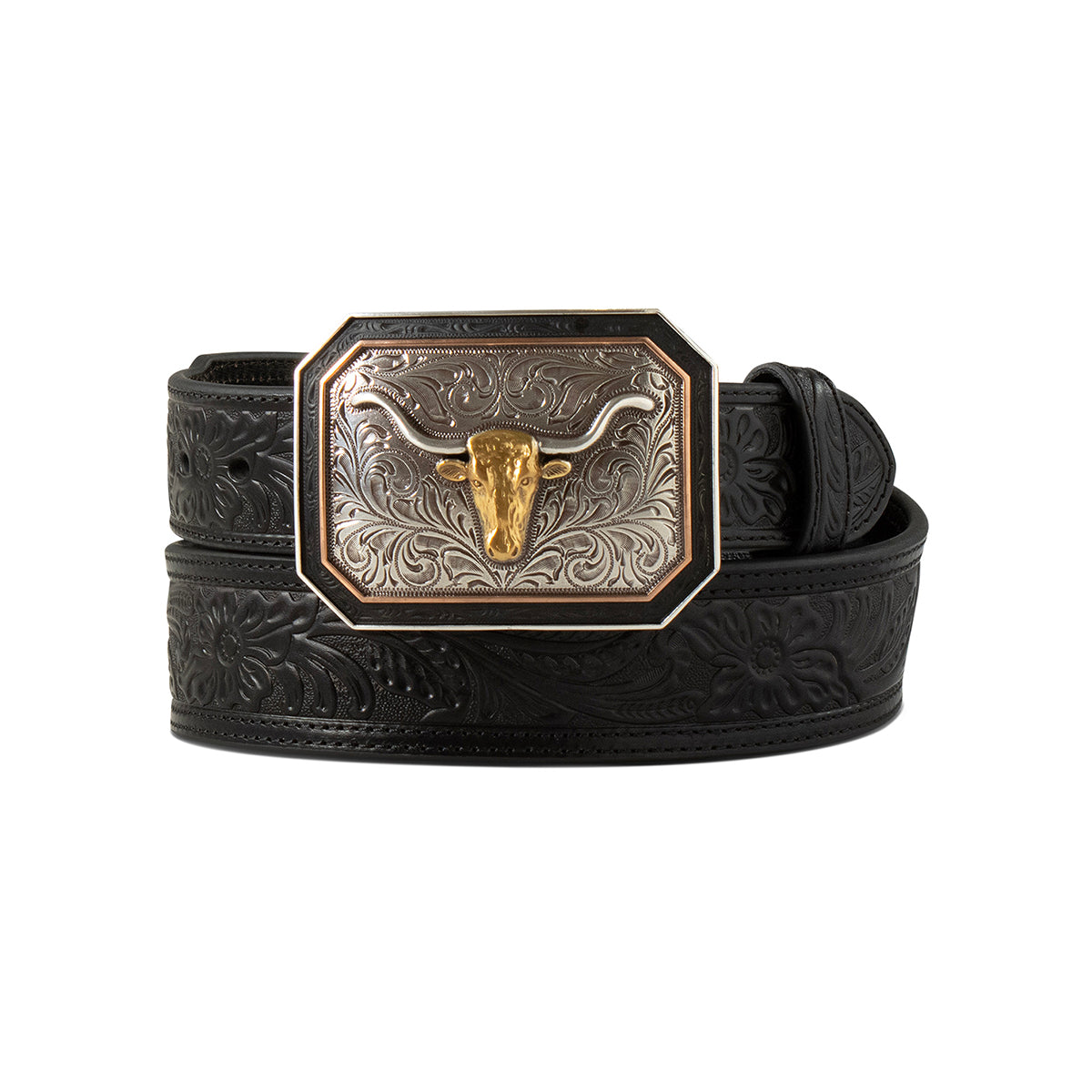 Ariat Black Long Horn Buckled Floral Embossed Tapered Belt