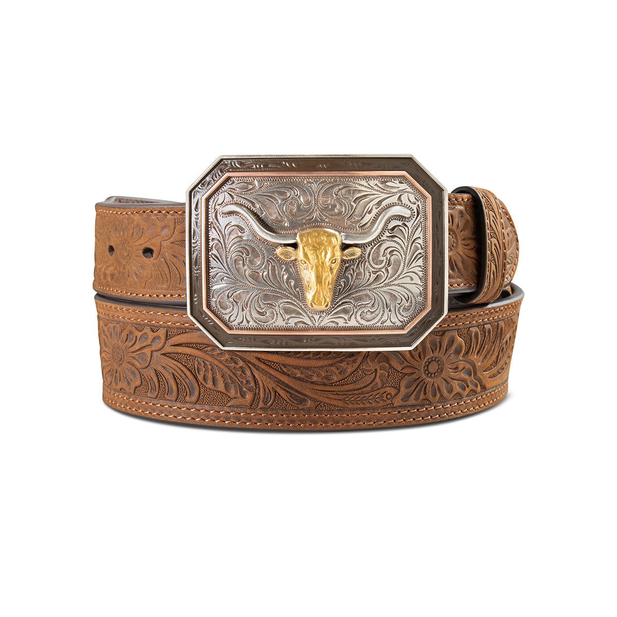 Ariat Medium Brown Long Horn Buckled Floral Embossed Tapered Belt