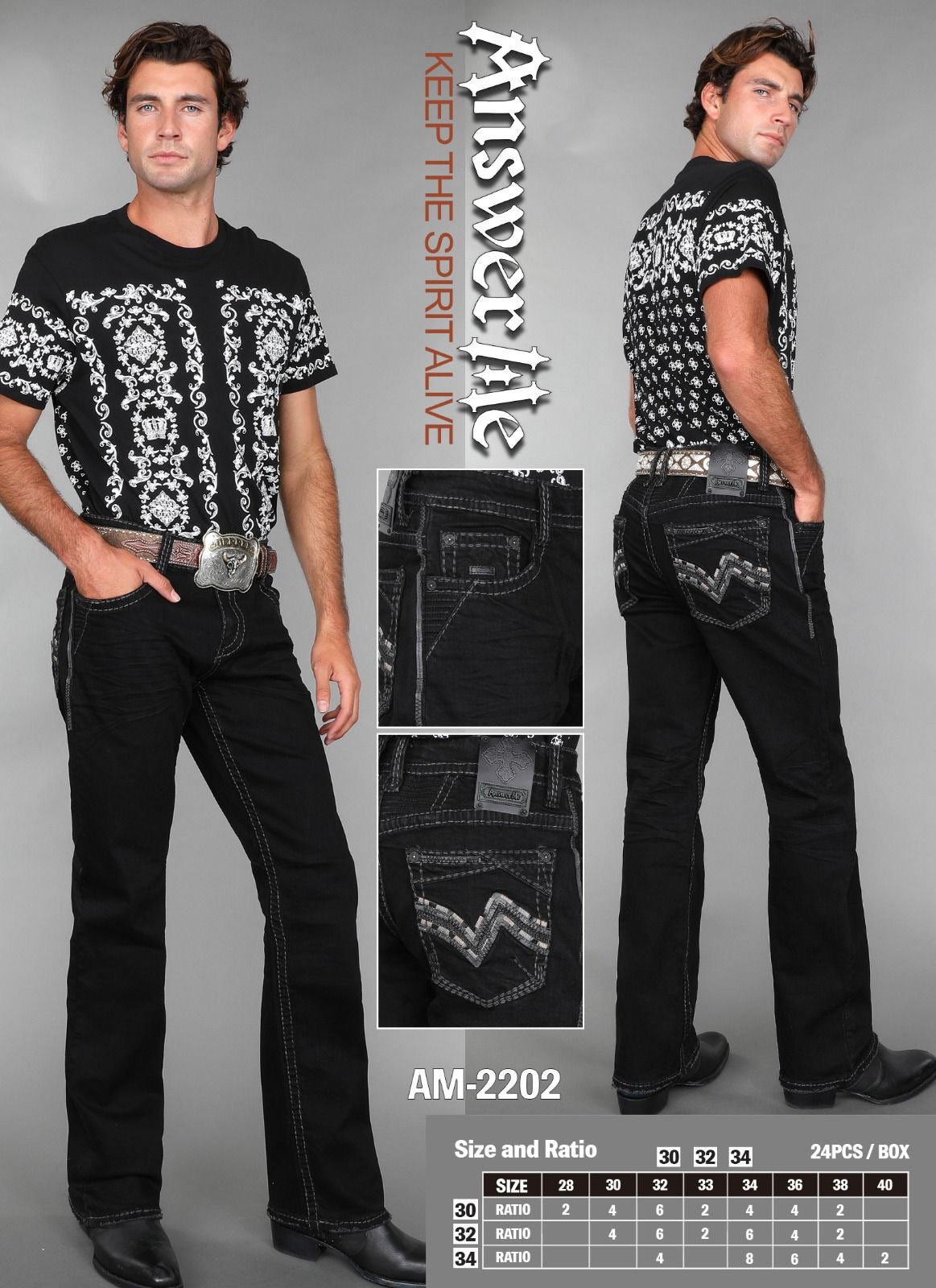 Answer Me Black & Grey Embroidered Slim Straight Jean