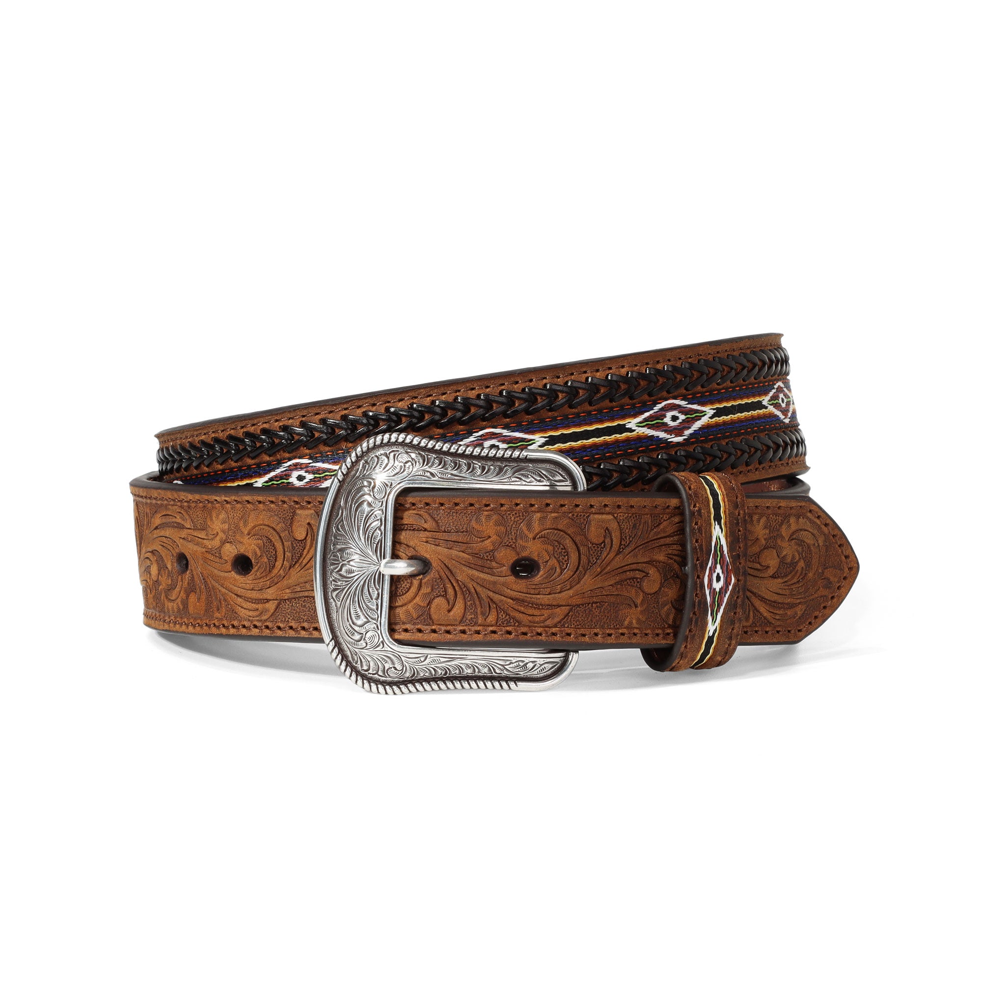 3D Belt Brown Southwestern Buck Stitch Weave Leather Belt