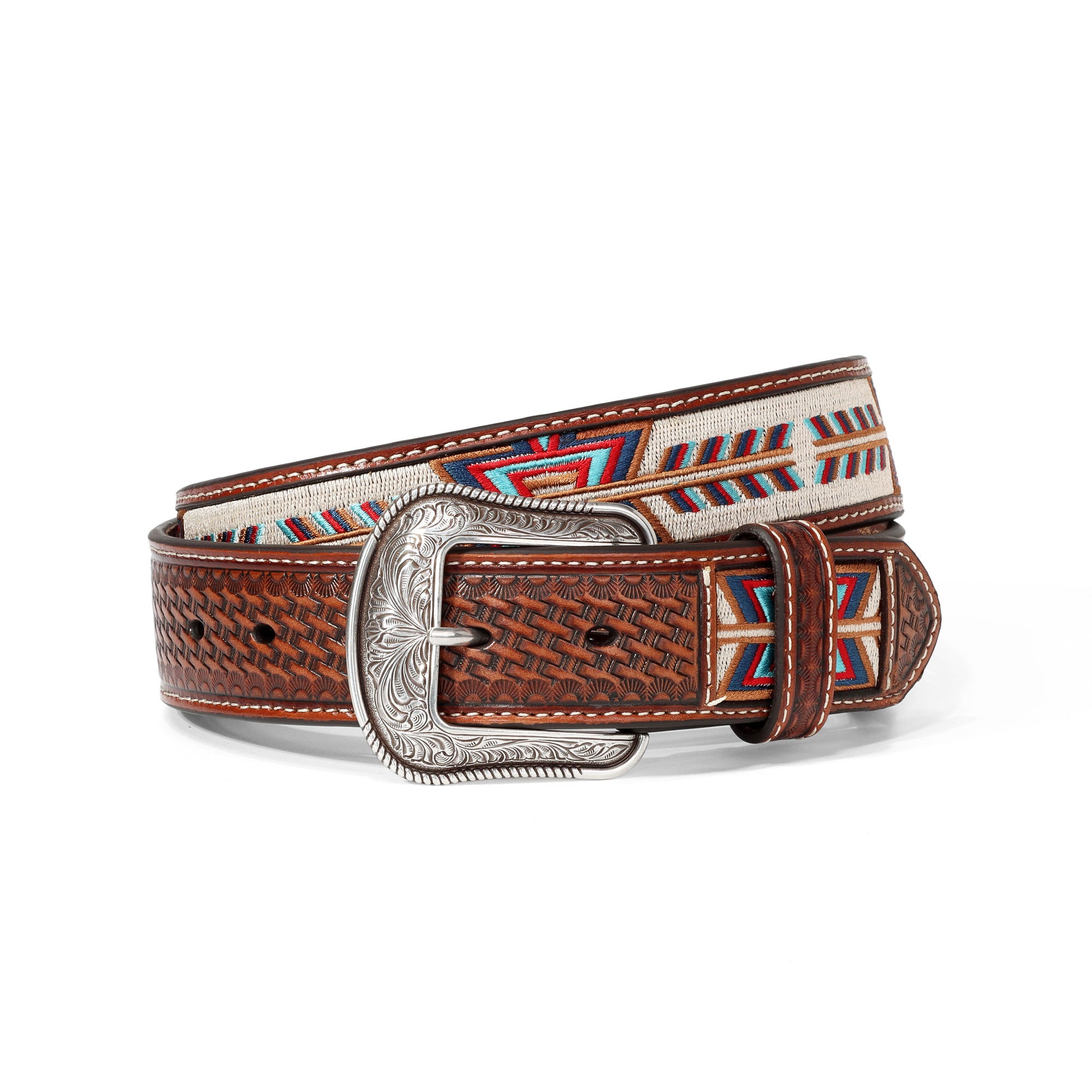 3D Belt Brown Basketweave Arrow Embroidered Leather Belt