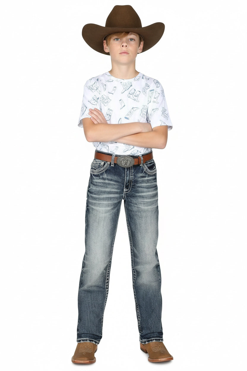 Western Blue Boy's Medium Wash Embroidered Premium Jean