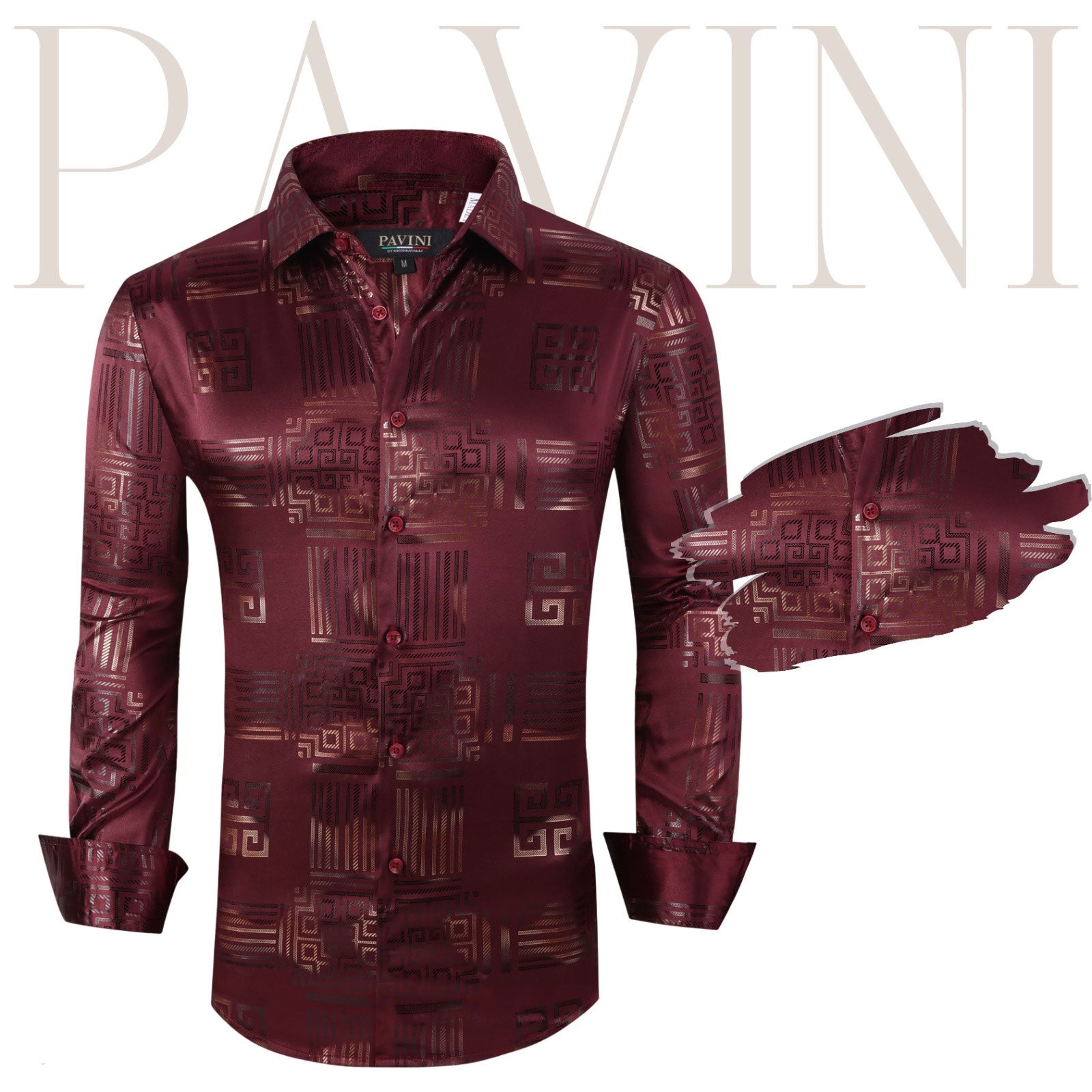 Pavini Burgundy Satin Greca Design Long Sleeve Shirt Pavini Burgundy Satin Greca Design Long Sleeve Shirt
