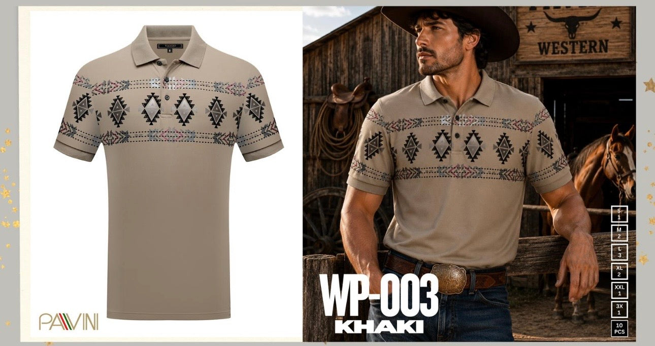 Pavini Khaki Stretch Southwestern Print Polo