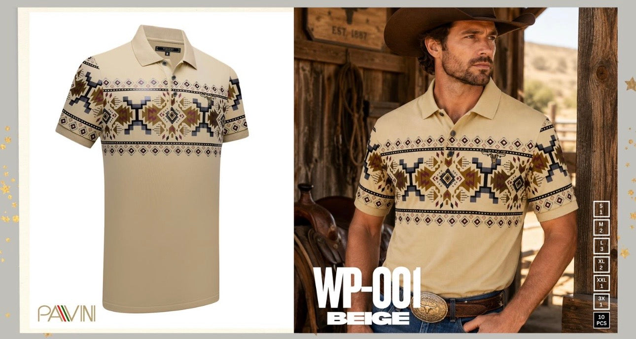 Pavini Beige Stretch Southwestern Print Polo