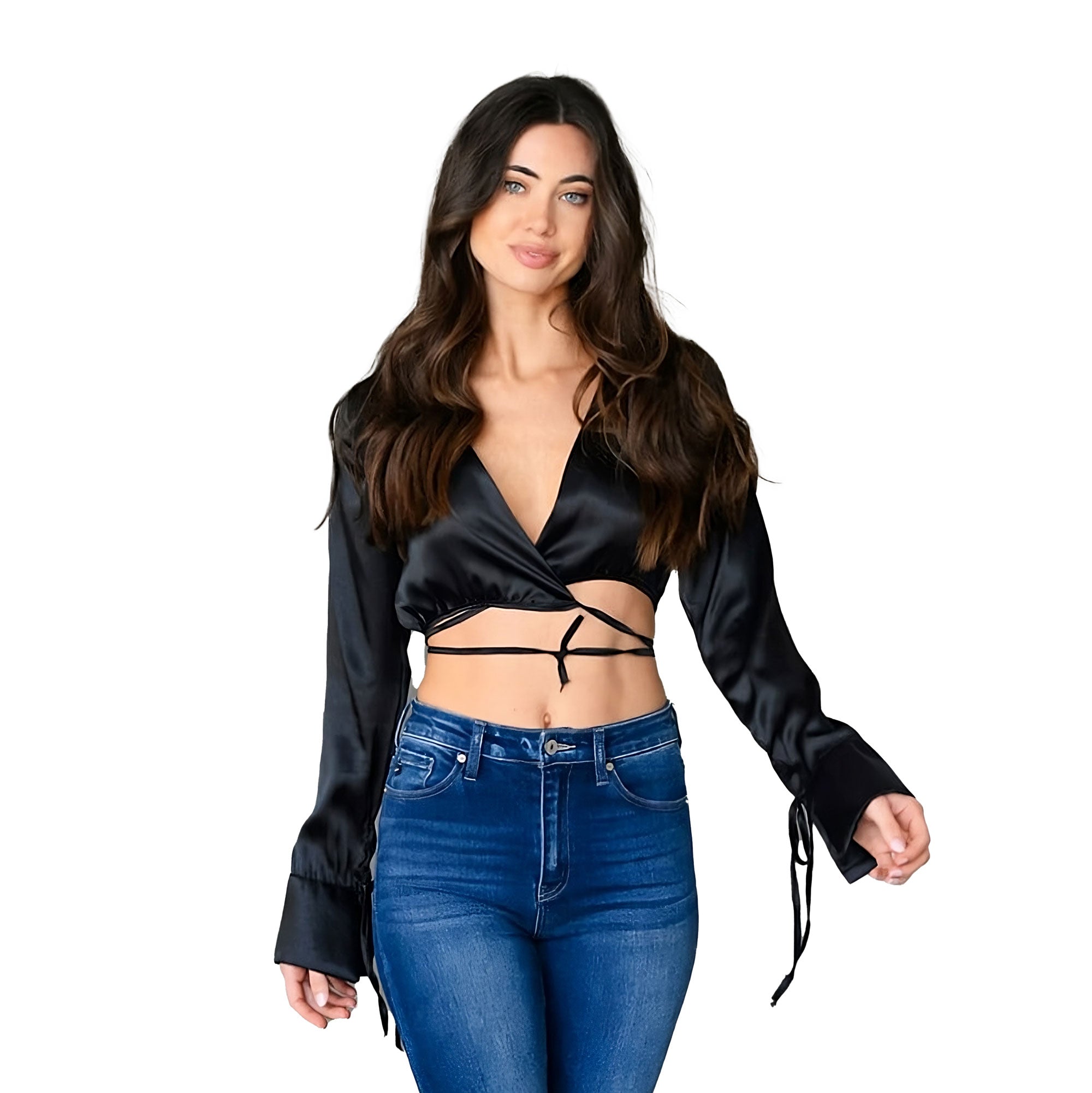 Black Fashion Long Sleeve Self Tie Crop Top