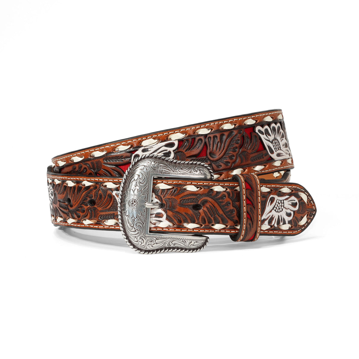 Nocona Brown Tooled Leather Western Belt Nocona Western Belt Womens Floral Tooled Buck Laced L Brown  main image 3