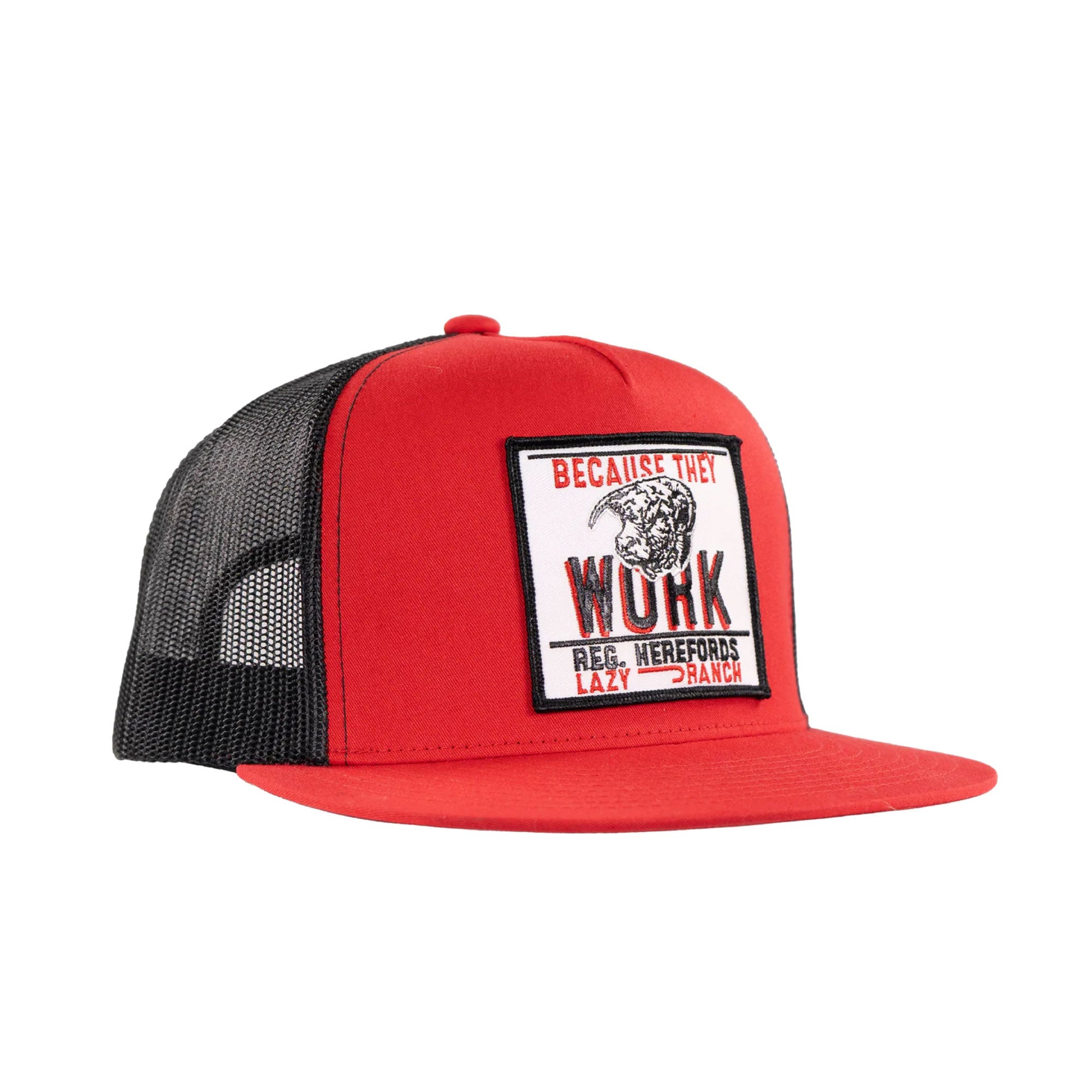Lazy J Ranch Red & Black Because They Work Classic Five Panel Trucker Cap