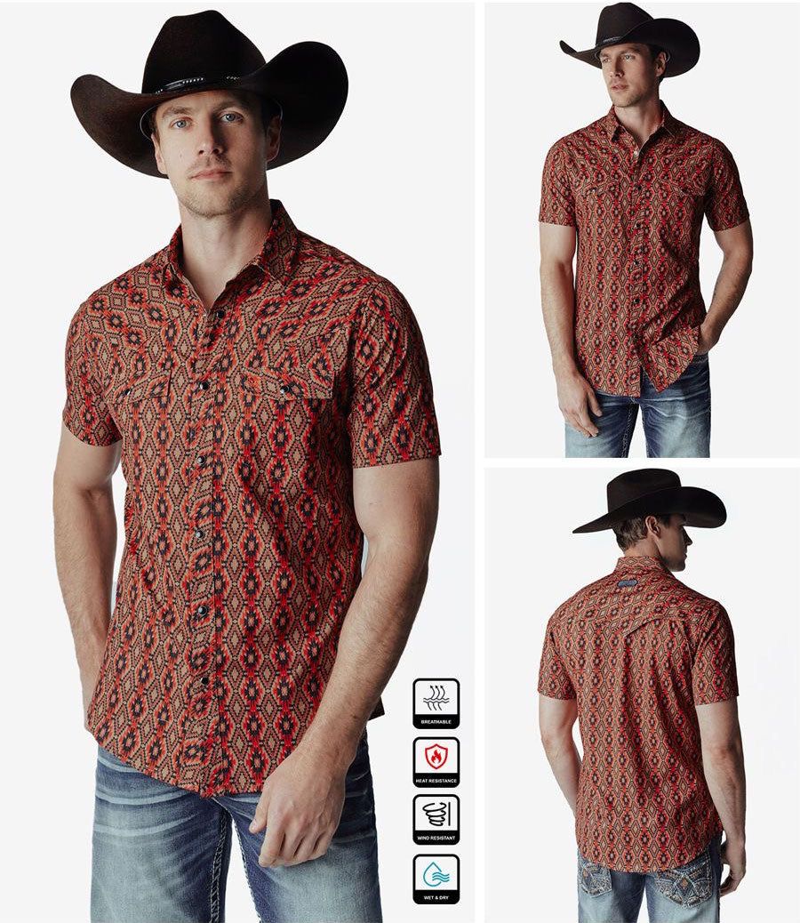 Western Blue Slim Fit Southwestern Red Short Sleeve Shirt