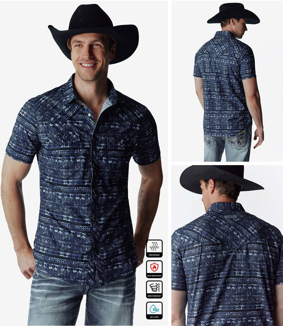Western Blue Slim Fit Southwestern Navy Short Sleeve Shirt