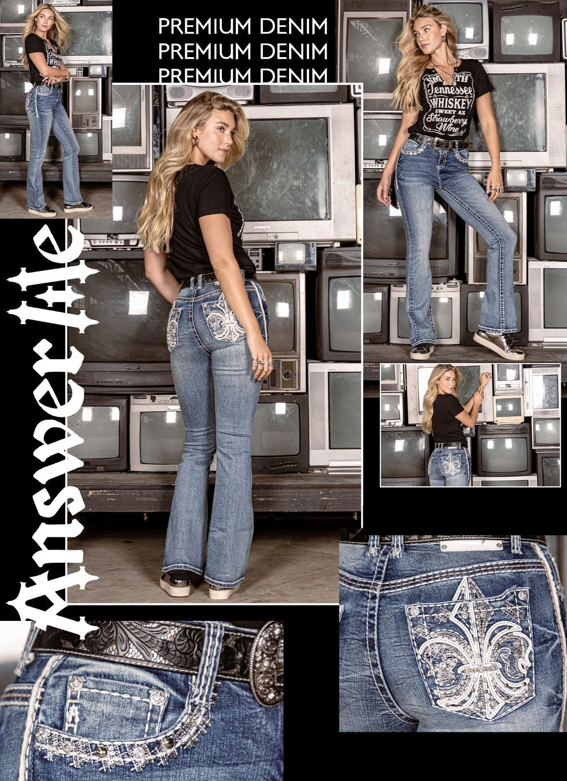 Answer Me Medium Wash Rhinestone Pocket Boot Cut Jeans