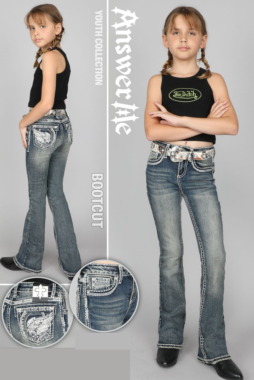 Answer Me Girls' Medium Wash Rhinestone Boot Cut Jeans