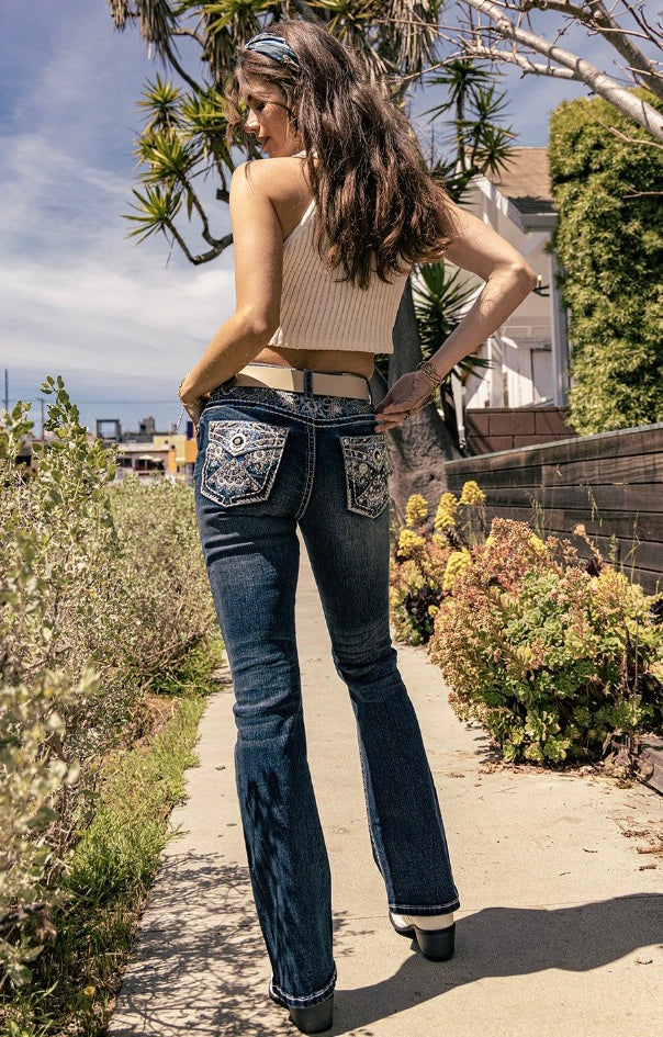 Sexy Couture Dark Blue Rhinestone Pocket Boot Cut Jeans