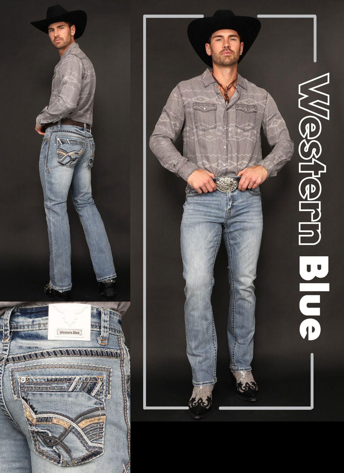 Western Blue Light Wash Embroidered Slim Straight Jean