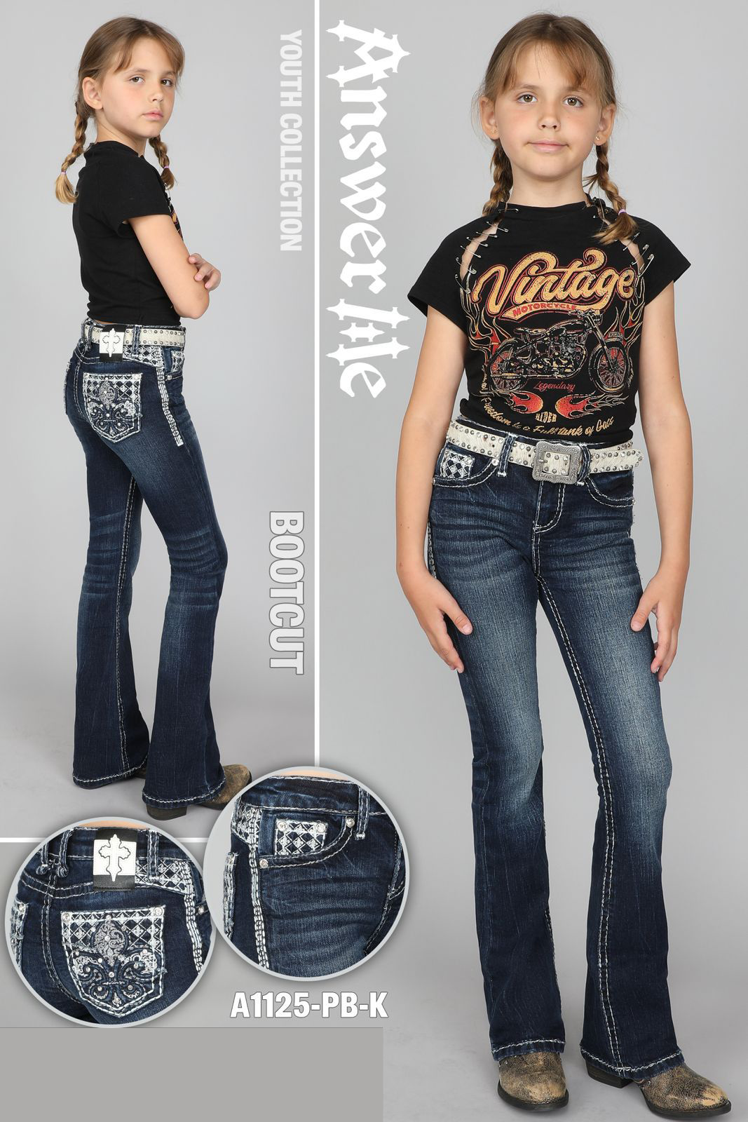 Answer Me Girls' Dark Wash Rhinestone Boot Cut Jeans