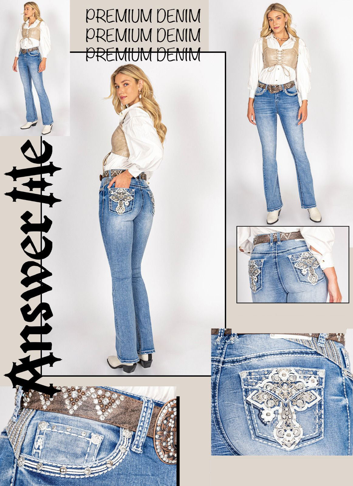 Answer Me Light Blue Rhinestone Pocket Boot Cut Jeans