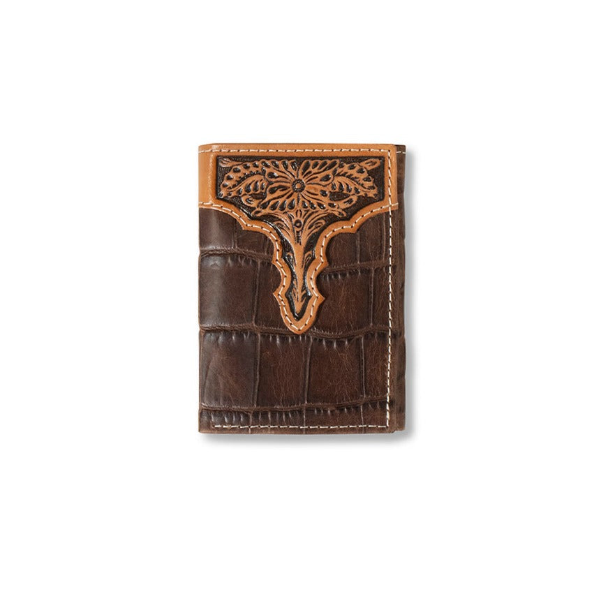 Ariat Brown Croc Embossed Overlay Trifold Wallet