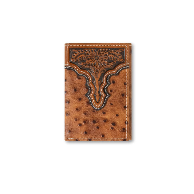 Ariat Brown Ostrich Embossed Overlay Trifold Wallet