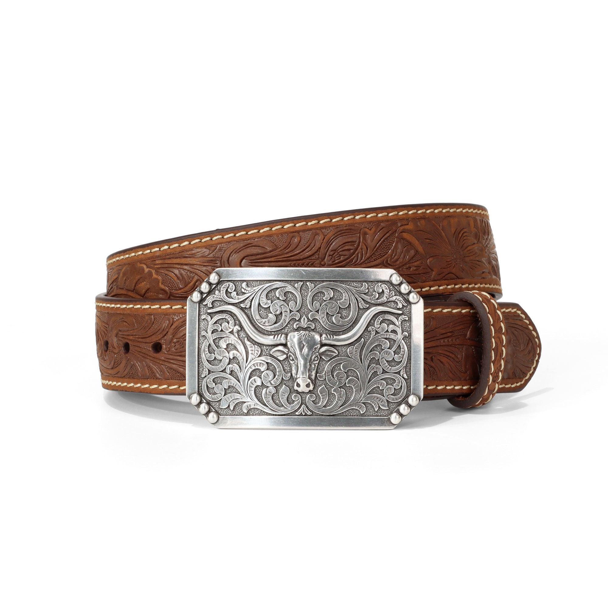 3D Belt Brown Leather Longhorn Buckle Belt