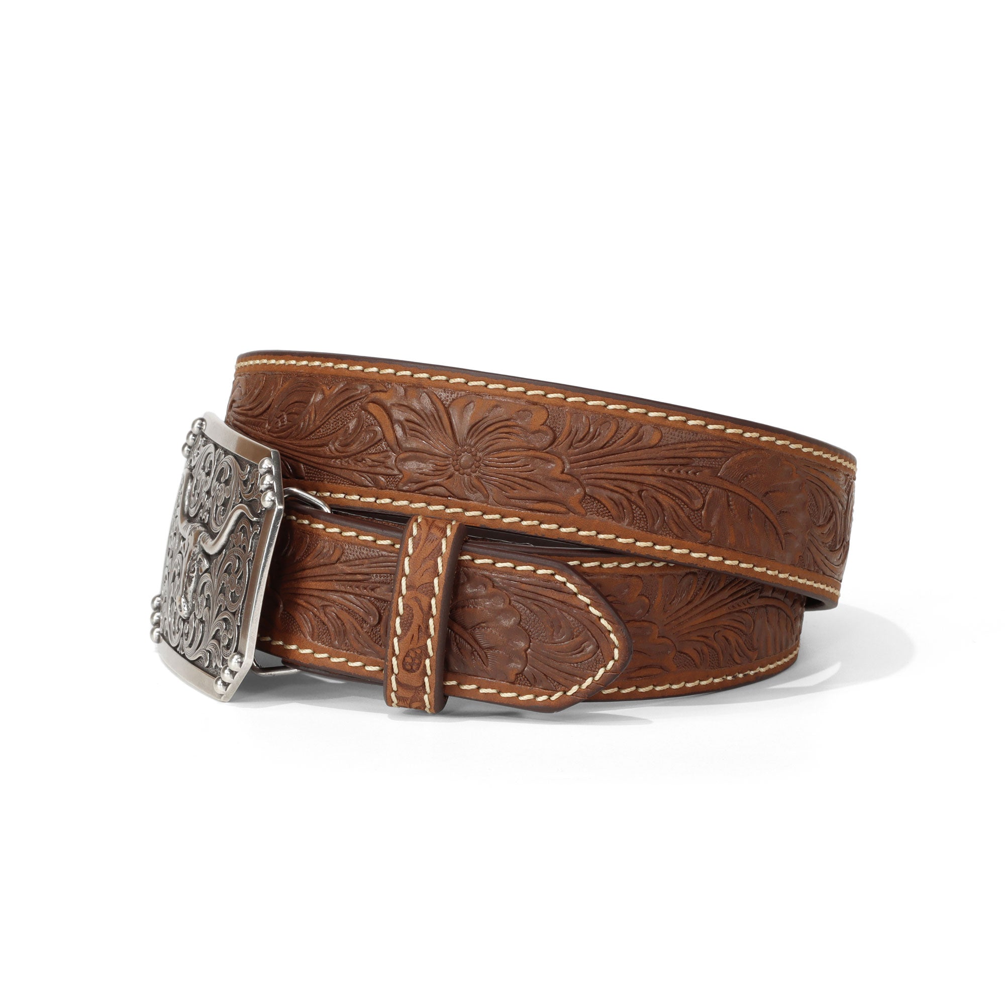 3D Belt Brown Leather Longhorn Buckle Belt