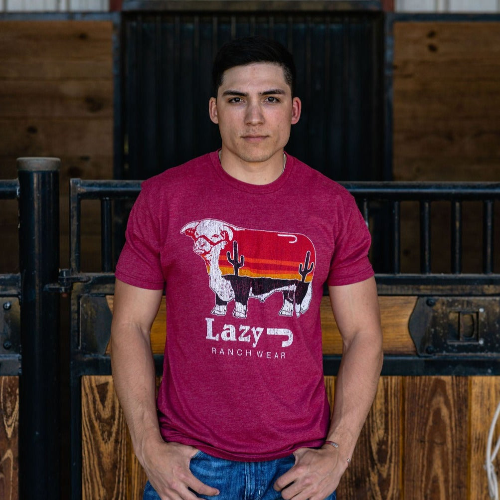 Lazy J Ranch Wear Red Sunrise Cactus Bull Short Sleeve T-Shirt
