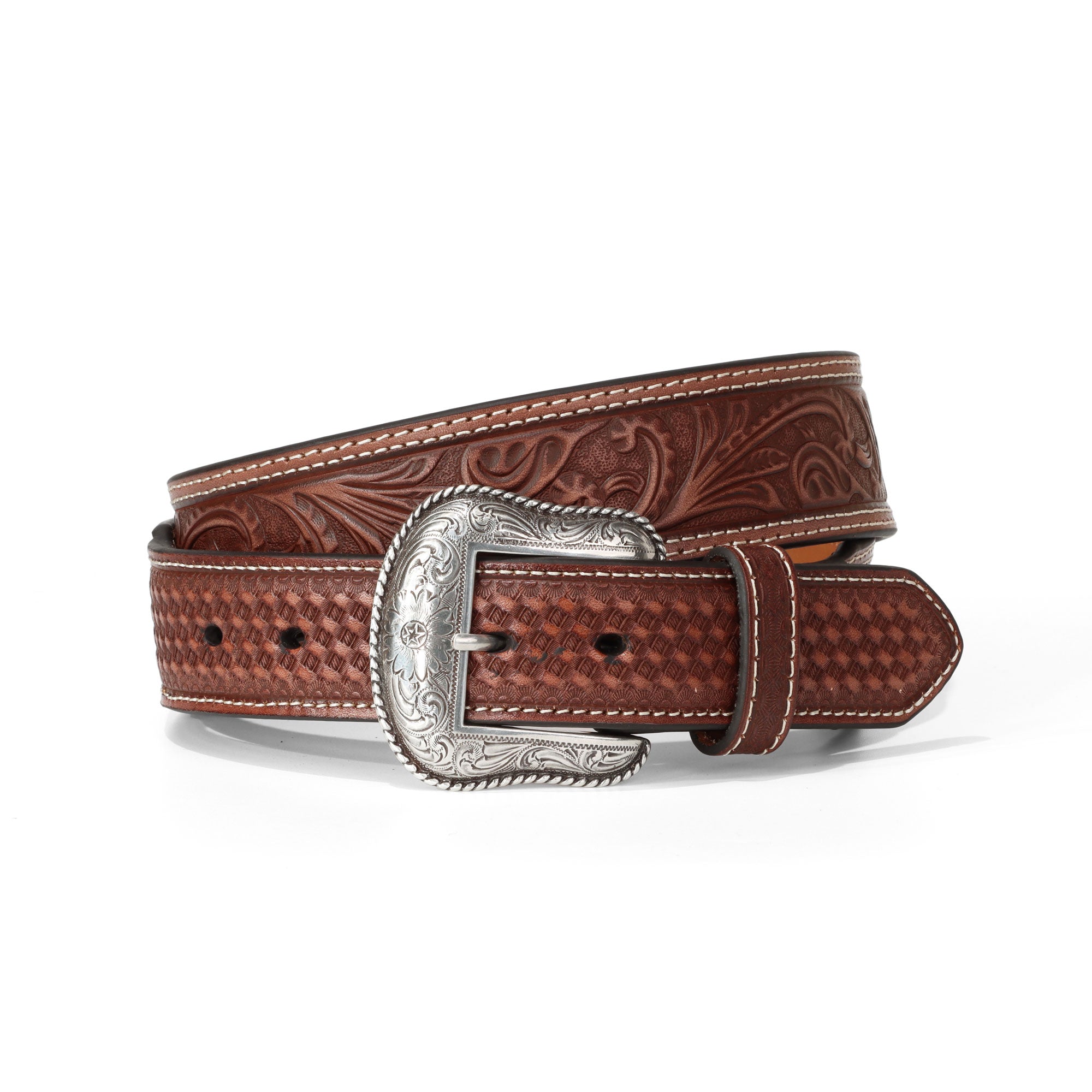 Nocona Brown Tapered Basketweave Tooled Belt