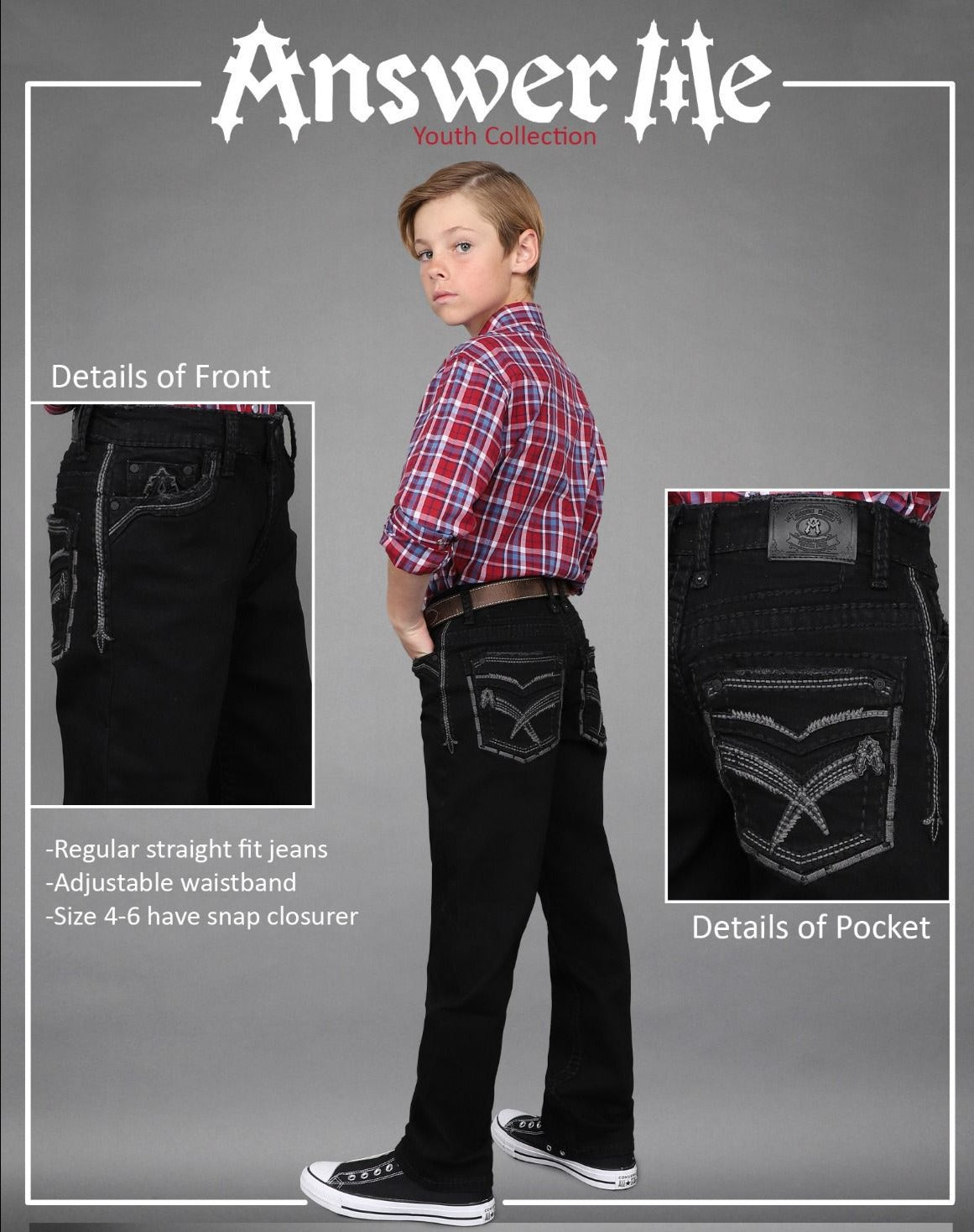 Answer Me Boy's Black Embroidered Jean