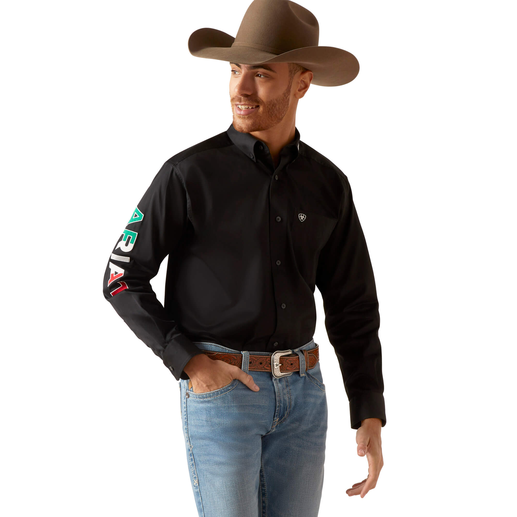 Ariat Black Mexico Team Logo Twill Fitted Long Sleeve Shirt