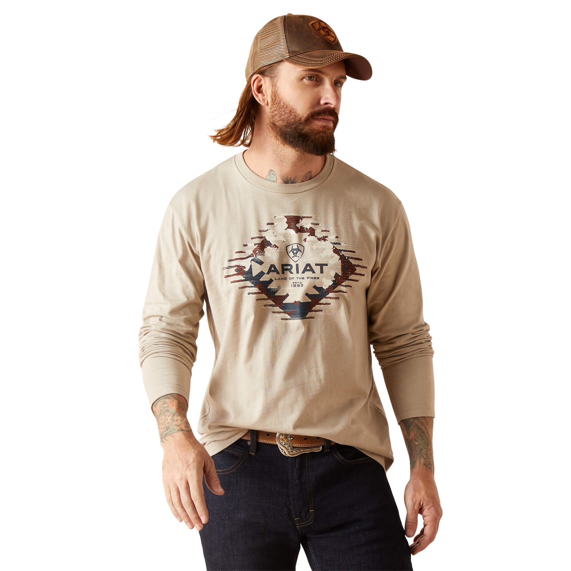 Ariat Khaki Heather Aztec Logo Long Sleeve T-Shirt