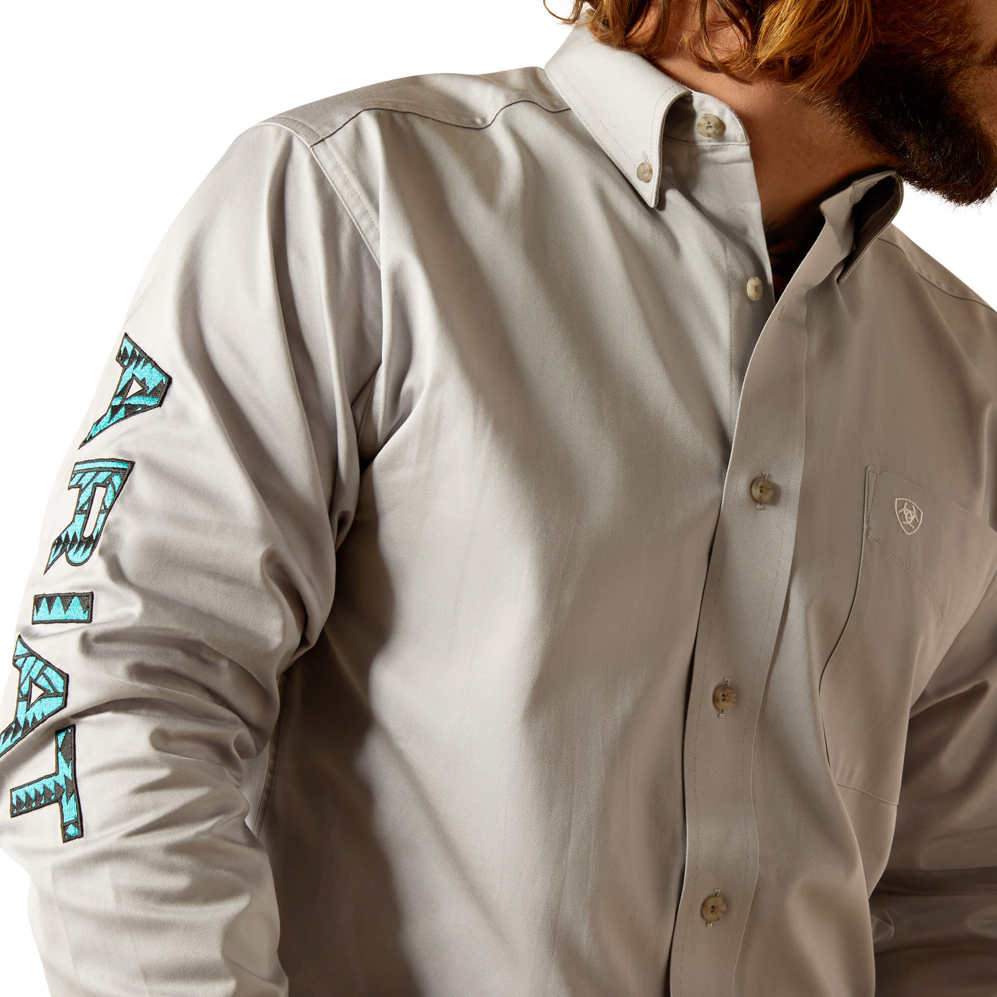 Ariat Light Grey Team Logo Twill Fitted Long Sleeve Shirt