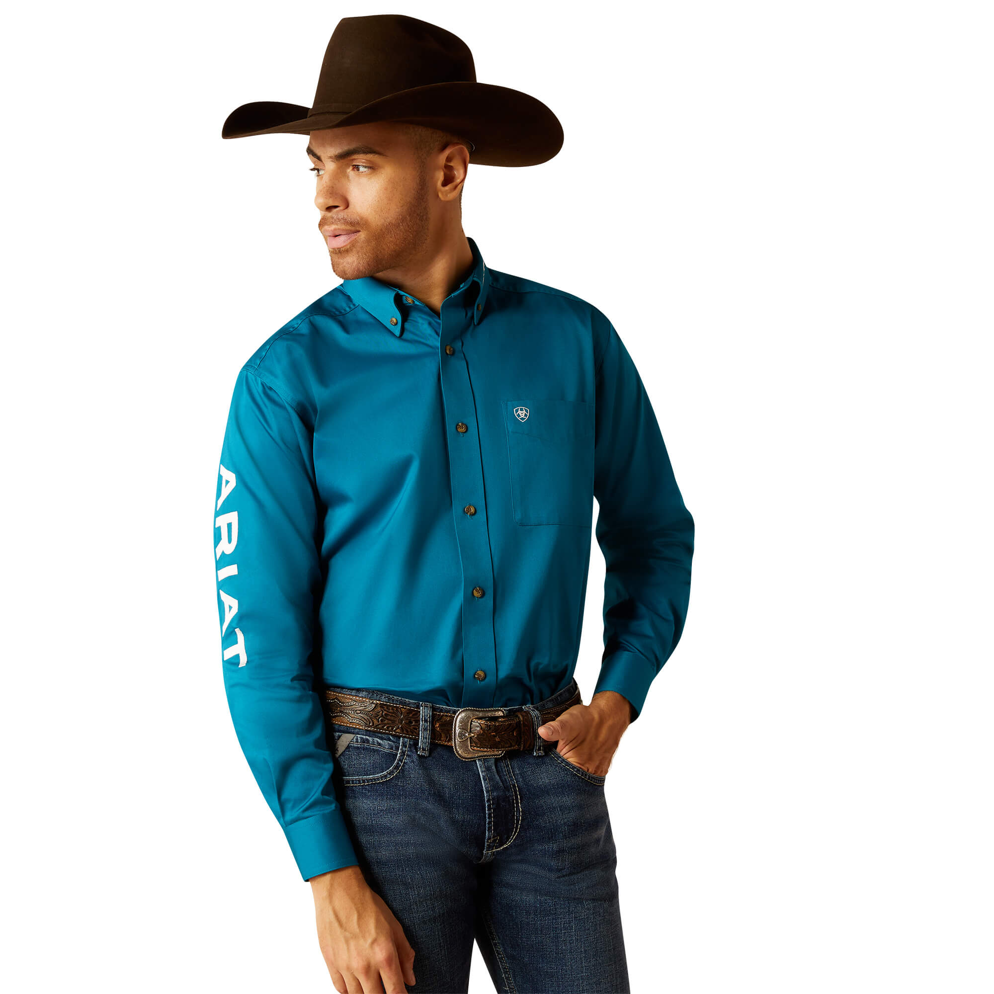 Ariat Dark Teal Team Logo Twill Classic Fit Long Sleeve Shirt