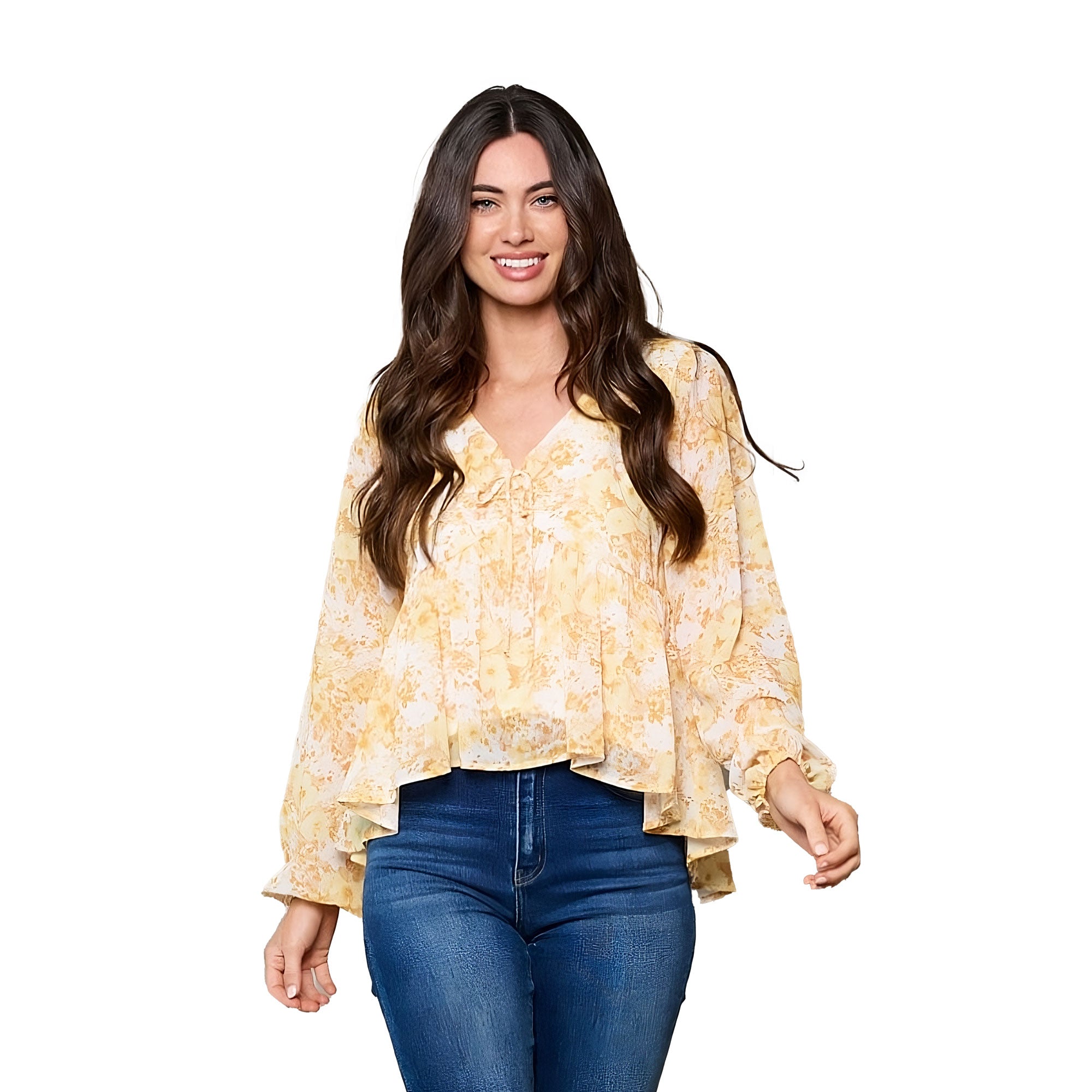 Peach Love Long Sleeve V-Neck Floral Tunic Top