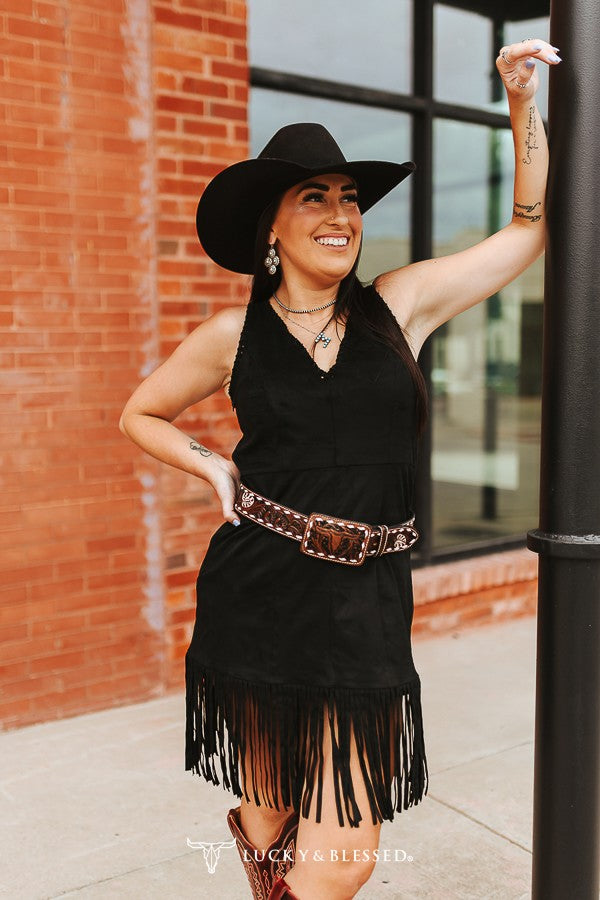 Lucky & Blessed Black Buckstitch Stretch Suede Dress